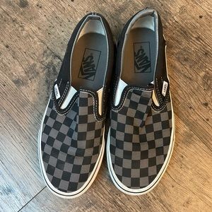 Checkered Black and Gray Slip On Vans, size W7.5 or M6.0
